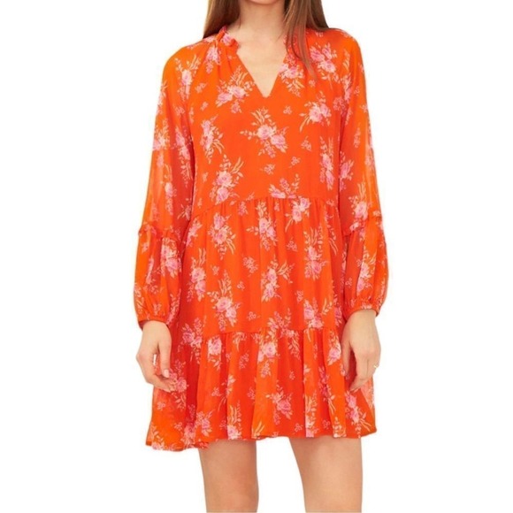 Vince Camuto Orange Pink Floral Tiered Babydoll Mini Dress C3422900 NWT S 365 4 - Picture 5 of 10
